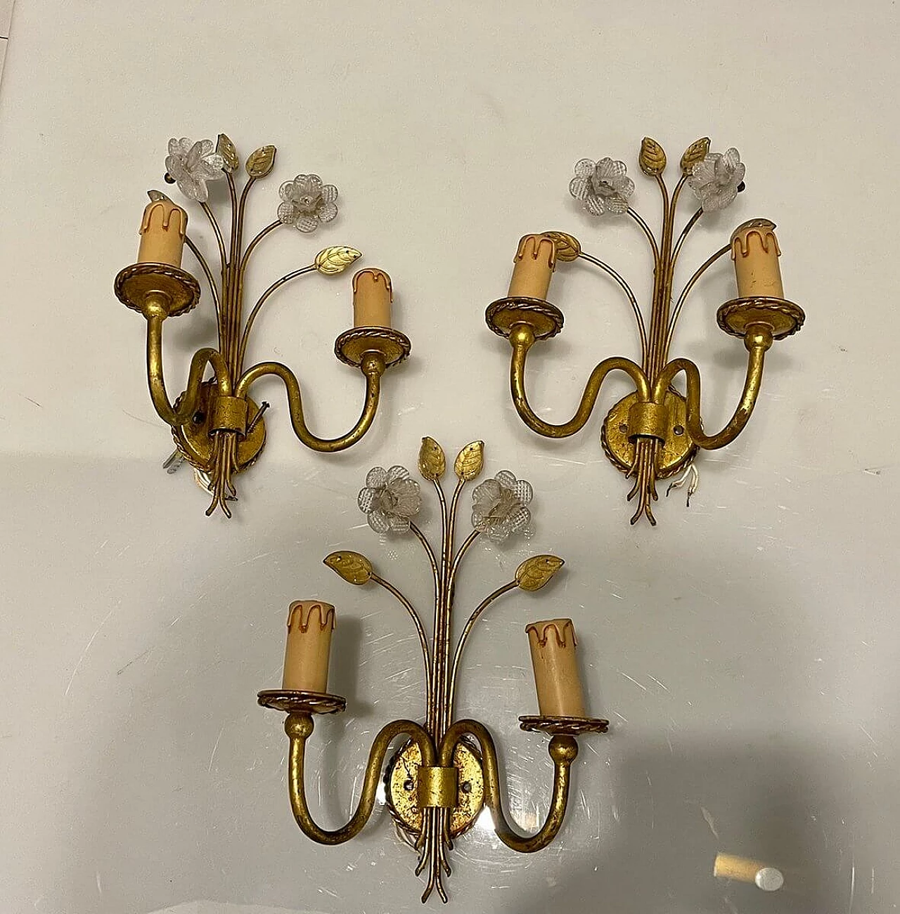 3 Gold-plated Murano glass wall sconces, 1980s 5