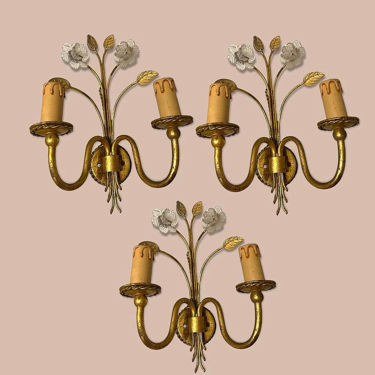 3 Gold-plated Murano glass wall sconces, 1980s 8