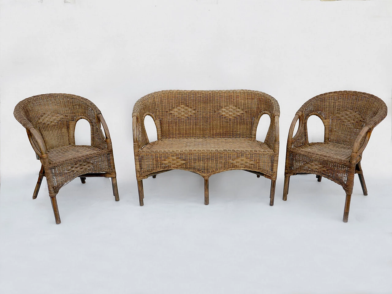 Bamboo and wicker sofa and pair of armchairs, 1970s 1