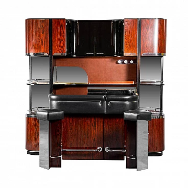 Wooden bar cabinet with marble top and stools, 1970s