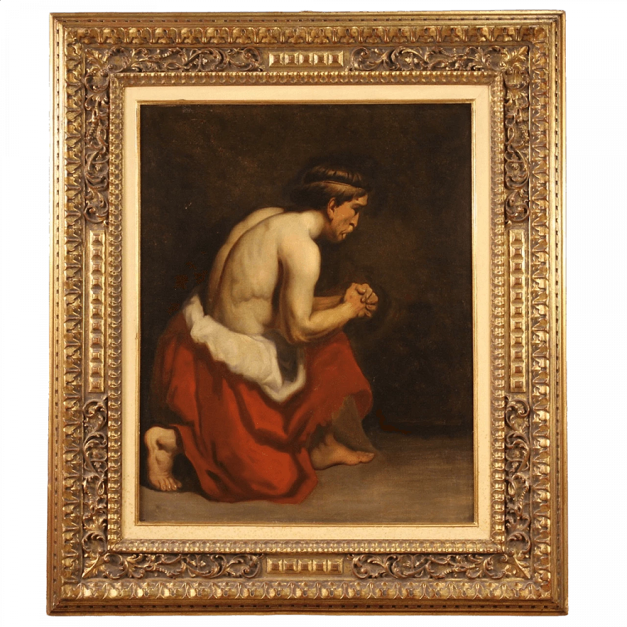 Dipinto fiammingo con personaggio inginocchiato, '600 13