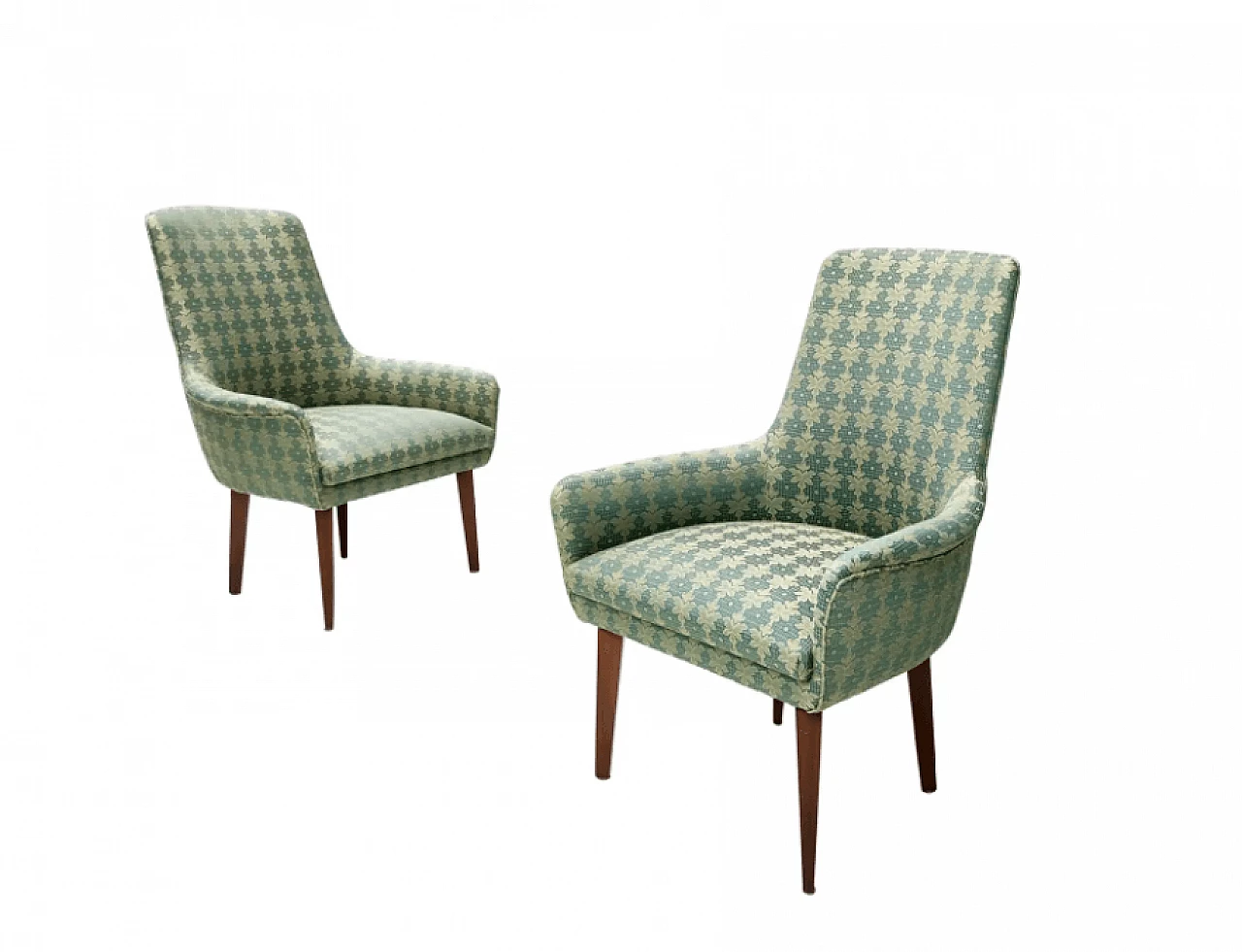 Pair of beech and green and beige fabric armchairs, 1960s 1