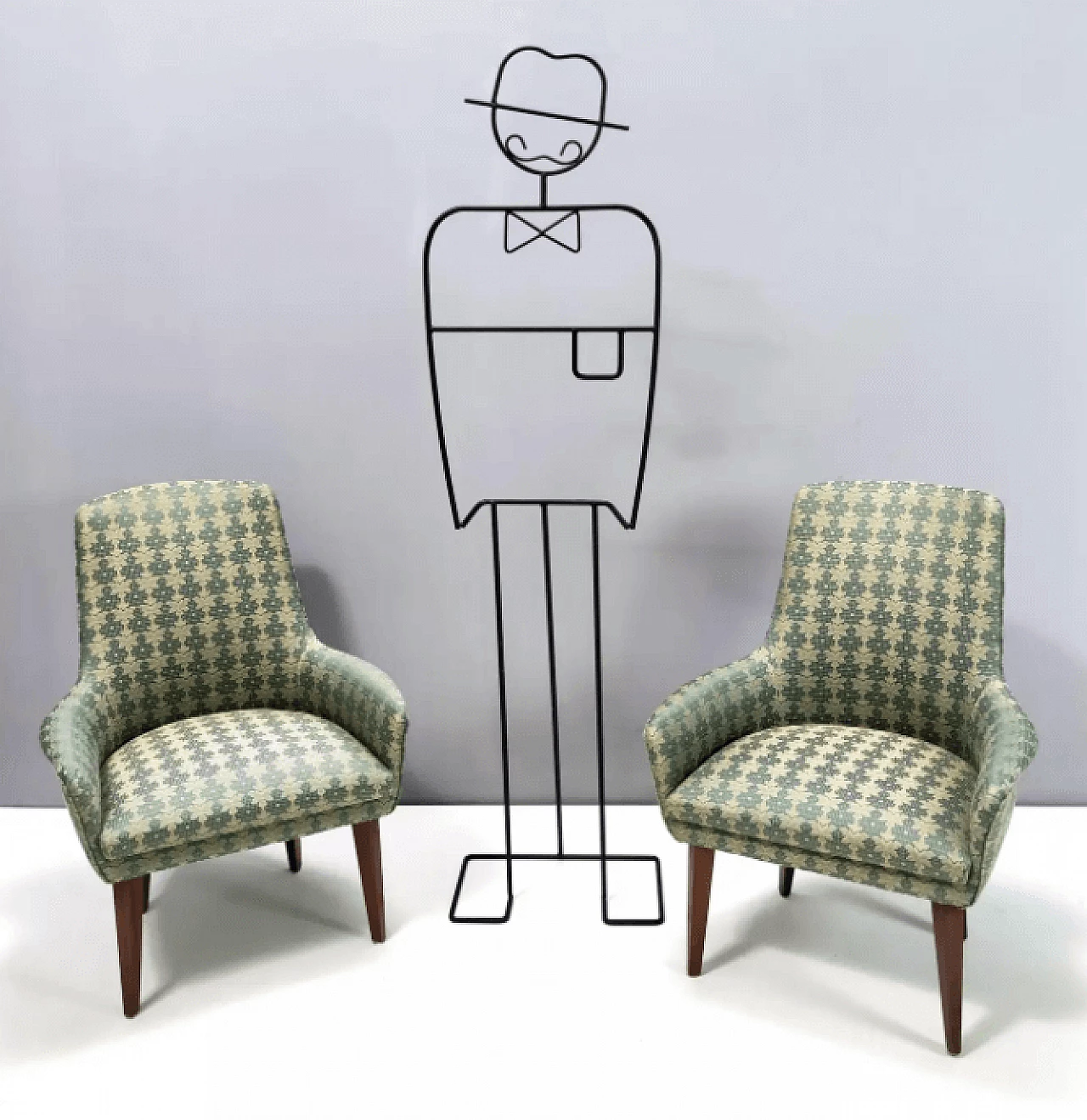 Pair of beech and green and beige fabric armchairs, 1960s 2