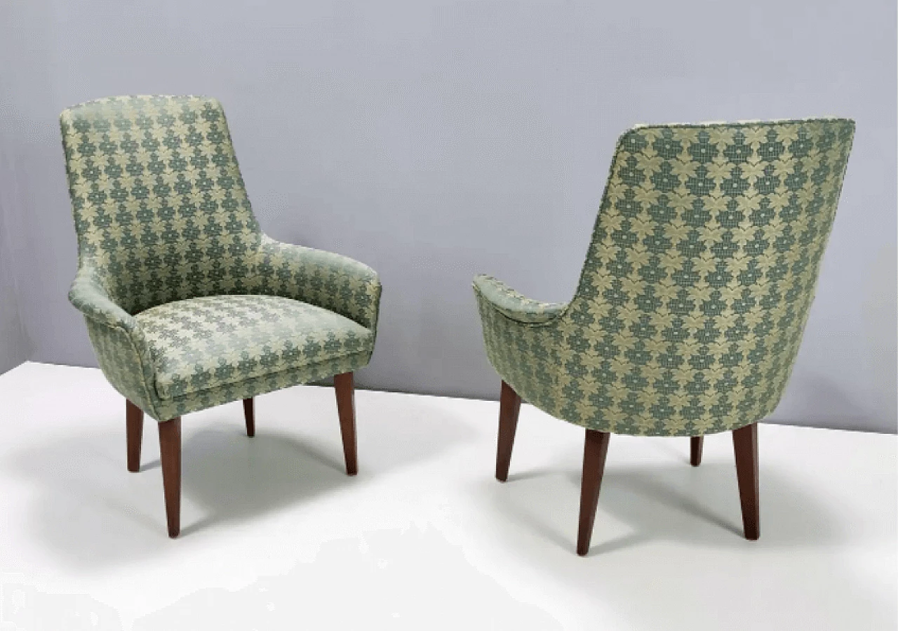Pair of beech and green and beige fabric armchairs, 1960s 3
