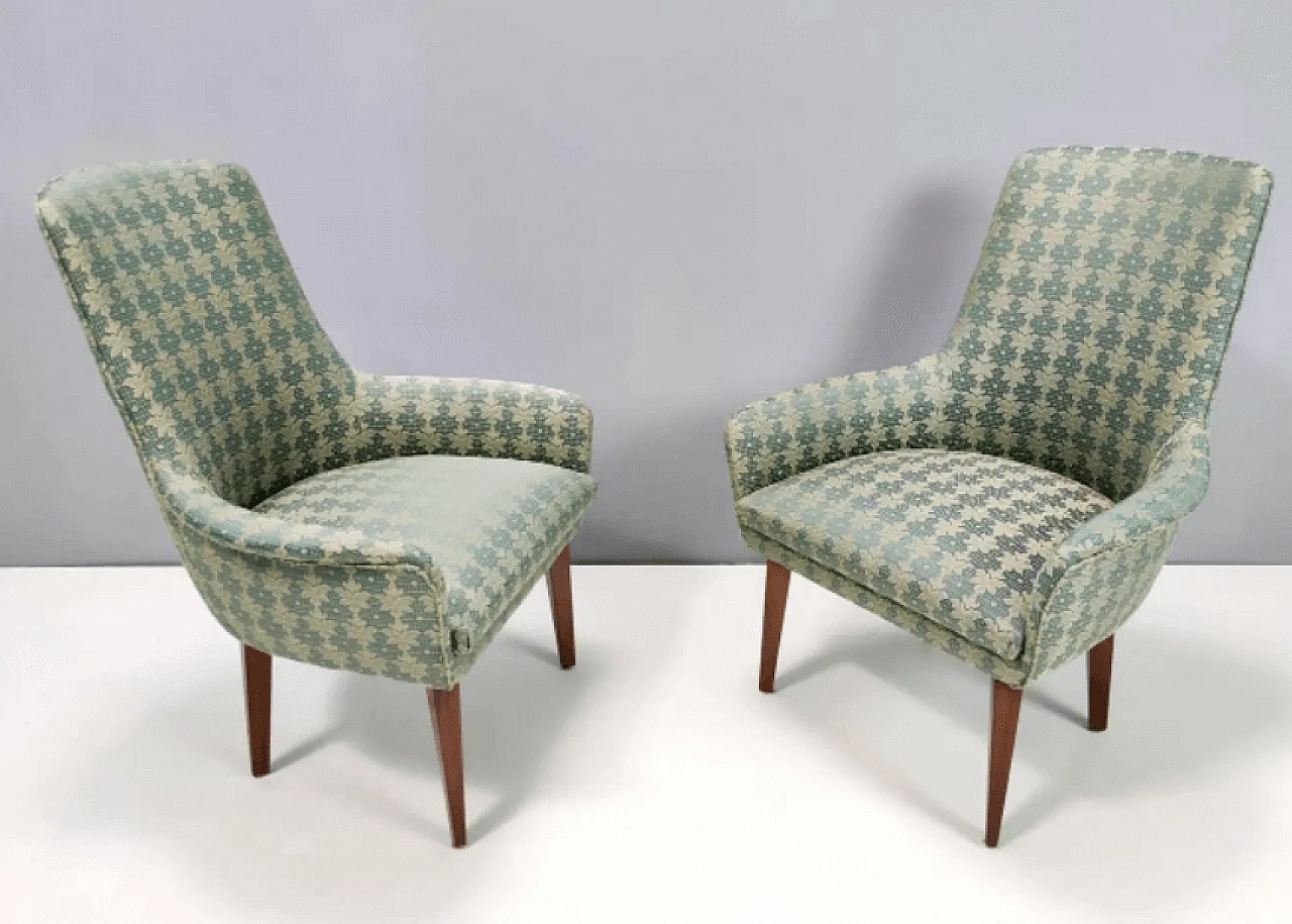 Pair of beech and green and beige fabric armchairs, 1960s 4