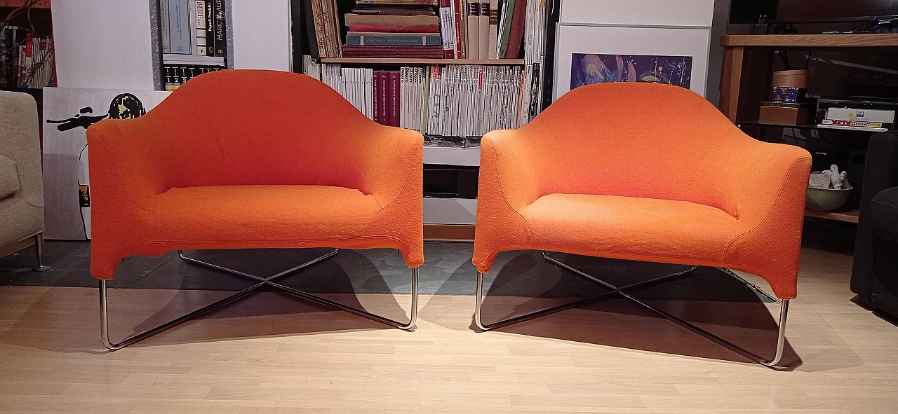 Pair of Bali armchairs by Carlo Colombo in orange fabric, 2000s 2
