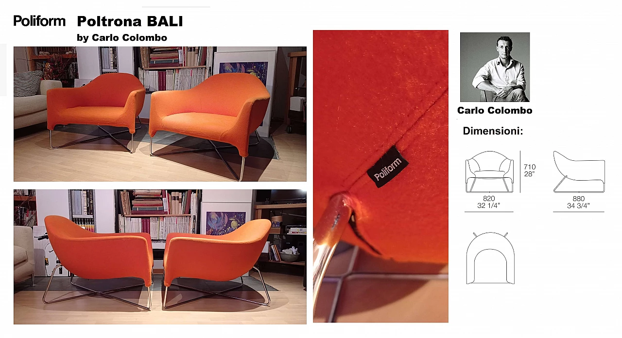 Pair of Bali armchairs by Carlo Colombo in orange fabric, 2000s 166