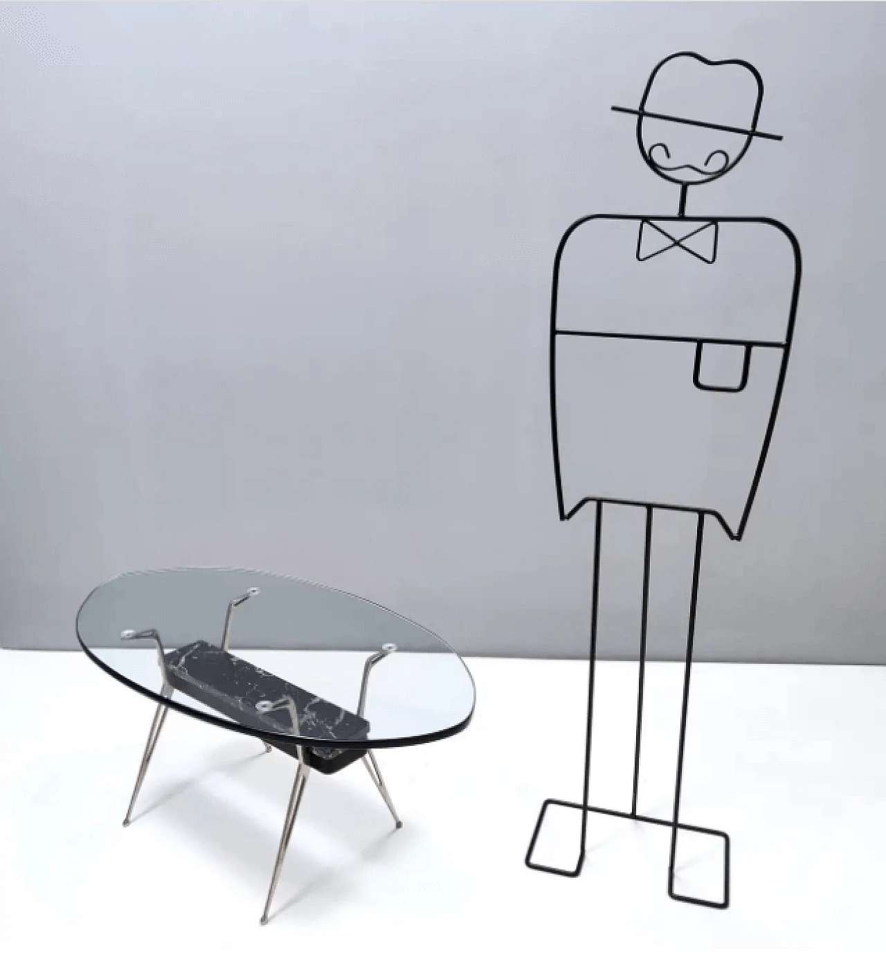 Tavolino ovale in vetro con marmo Portoro, anni '50 2