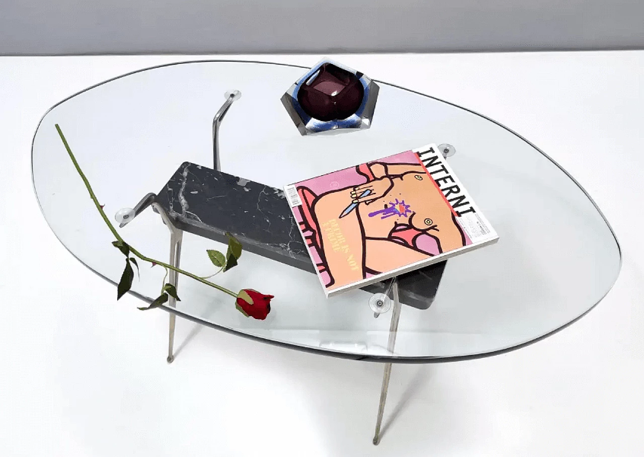 Tavolino ovale in vetro con marmo Portoro, anni '50 3