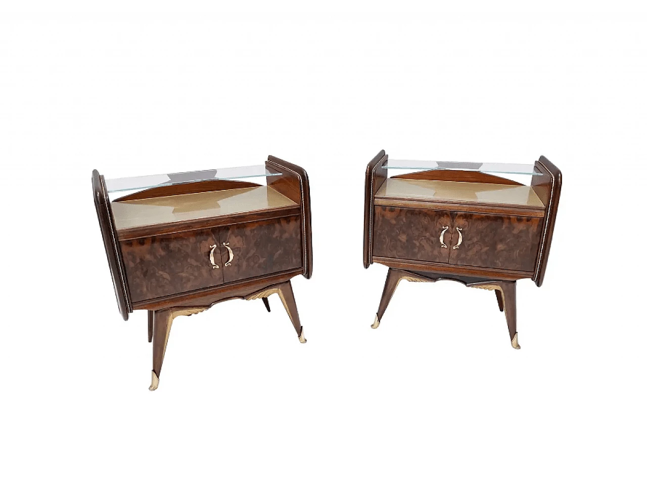 Pair of walnut bedside tables with back-painted gilt glass top, 1950s 1
