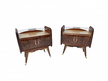 Pair of walnut bedside tables with back-painted gilt glass top, 1950s