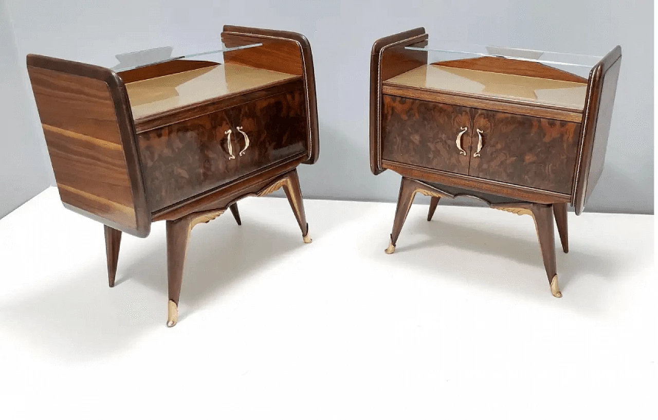 Pair of walnut bedside tables with back-painted gilt glass top, 1950s 3