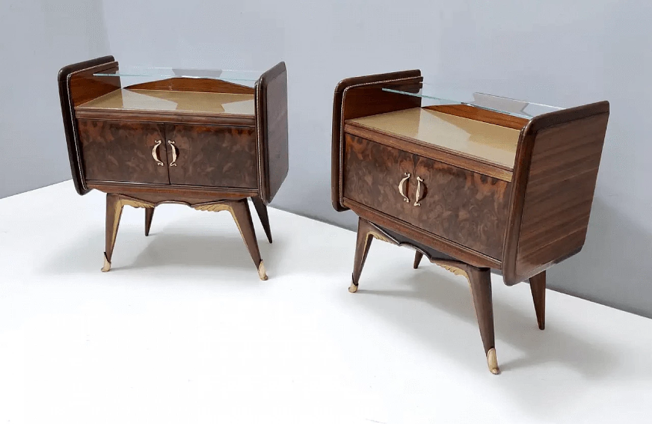 Pair of walnut bedside tables with back-painted gilt glass top, 1950s 4