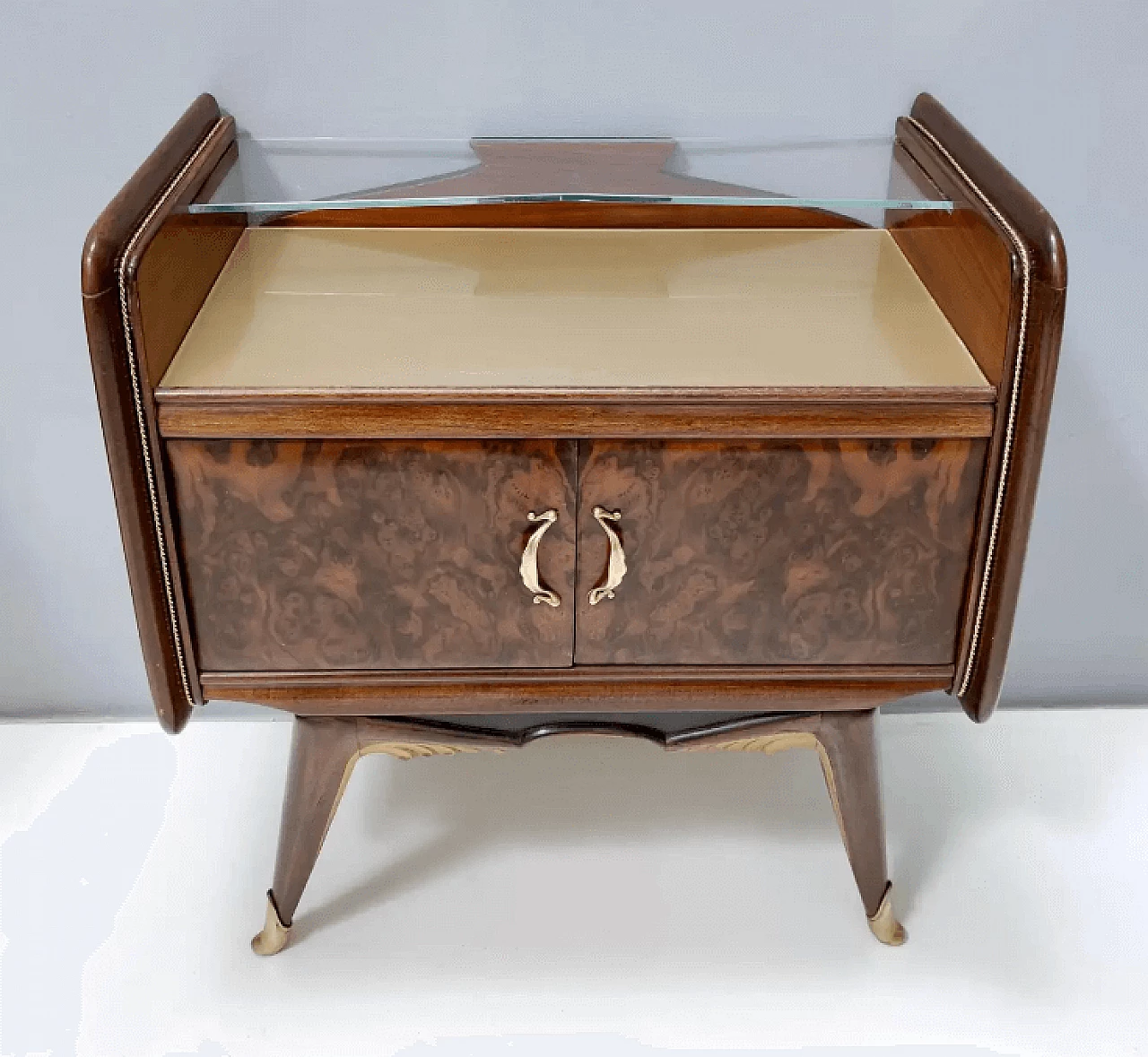 Pair of walnut bedside tables with back-painted gilt glass top, 1950s 6