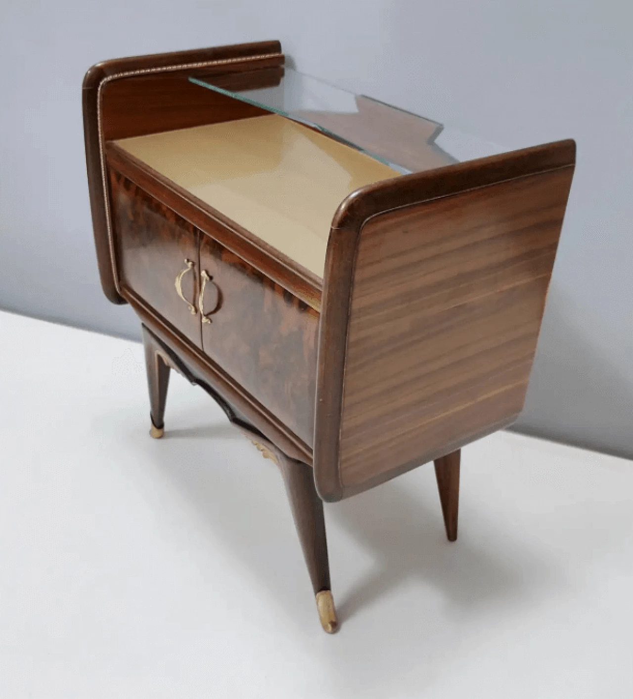 Pair of walnut bedside tables with back-painted gilt glass top, 1950s 7