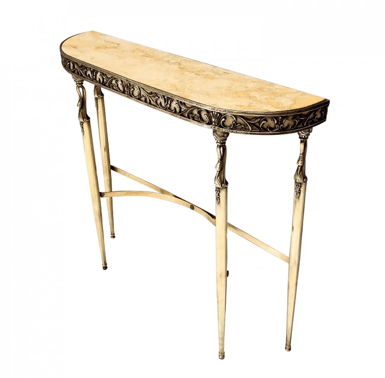 Consolle con piano in marmo giallo reale demilune e cornice in ottone, anni '50 1