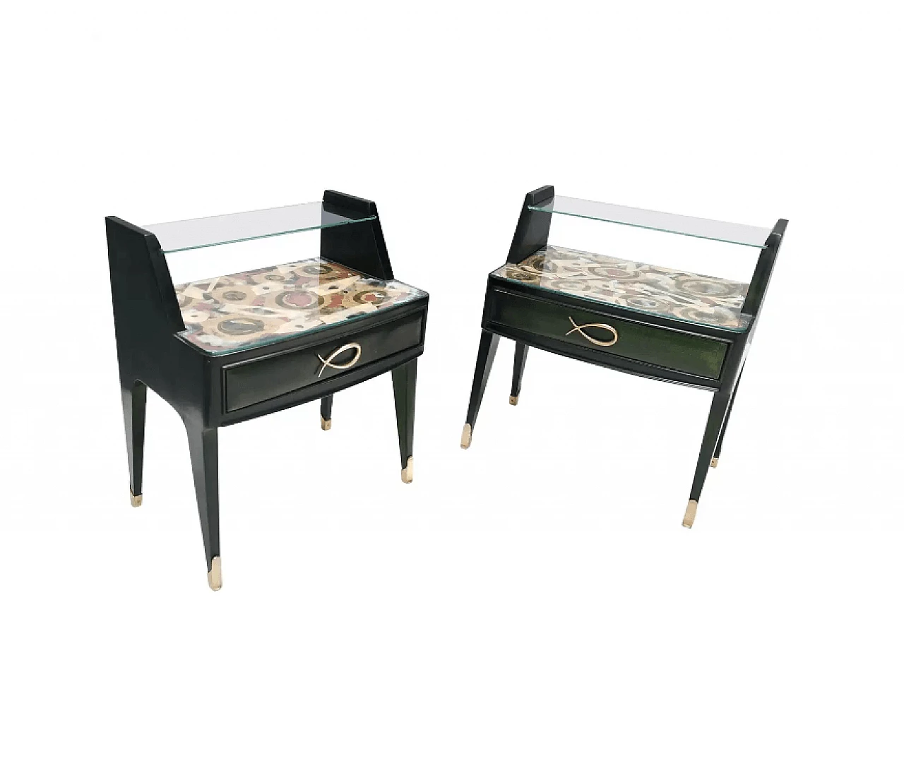 Pair of dark green stained beech bedside tables with painted tops, 1950s 1