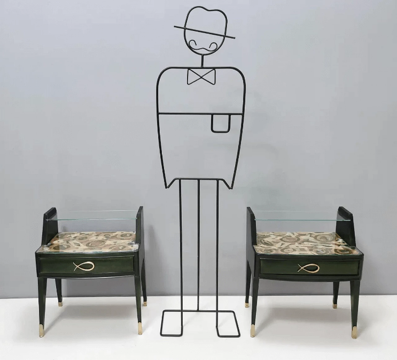 Pair of dark green stained beech bedside tables with painted tops, 1950s 2