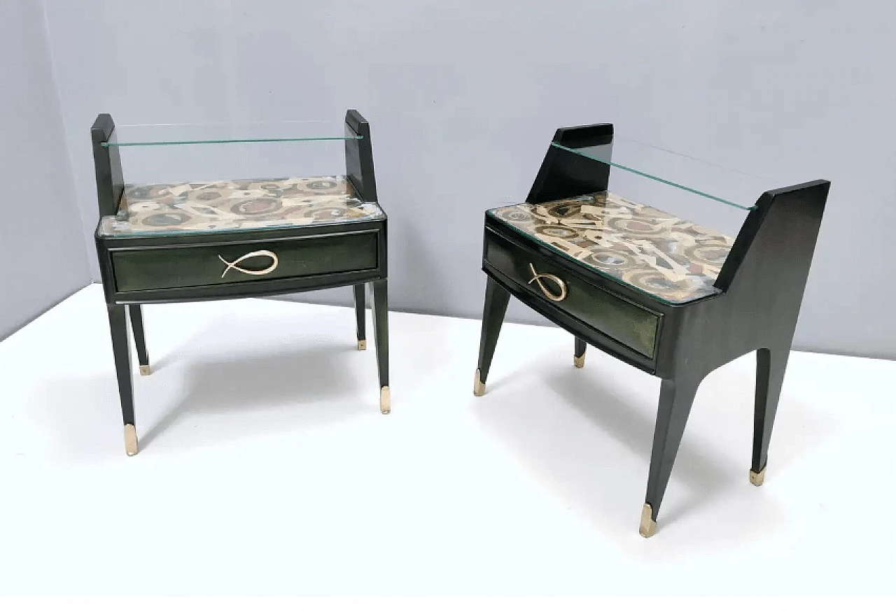 Pair of dark green stained beech bedside tables with painted tops, 1950s 3