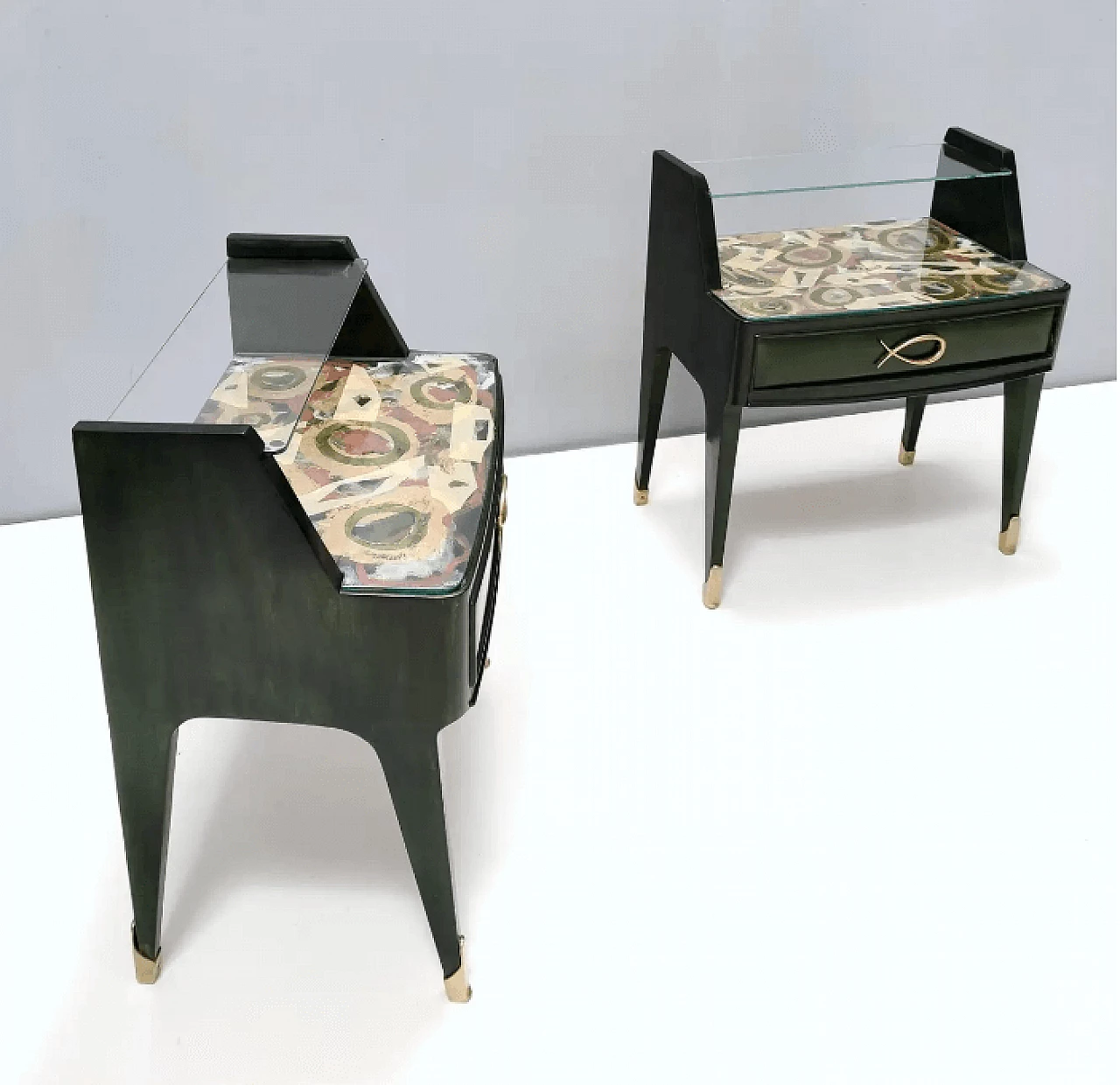 Pair of dark green stained beech bedside tables with painted tops, 1950s 4