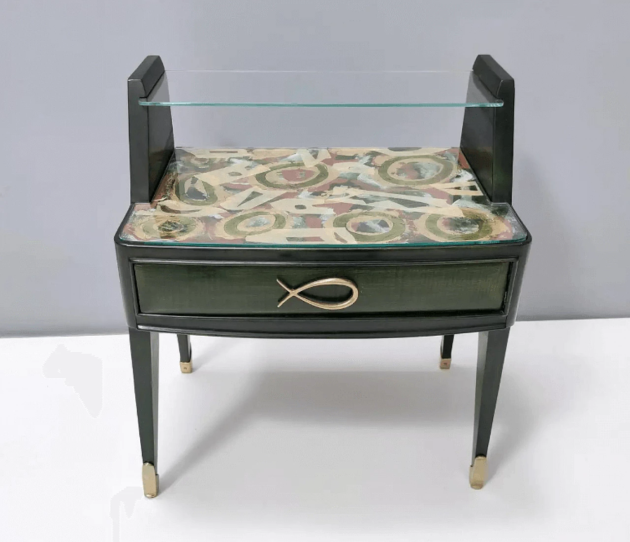 Pair of dark green stained beech bedside tables with painted tops, 1950s 5
