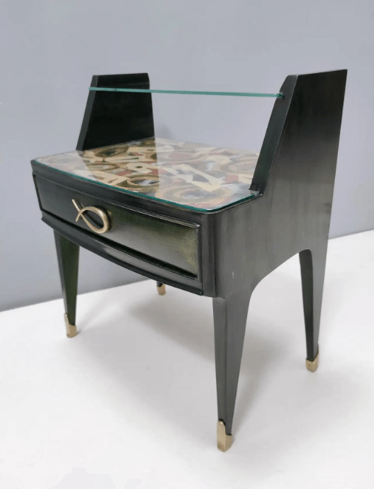 Pair of dark green stained beech bedside tables with painted tops, 1950s 7