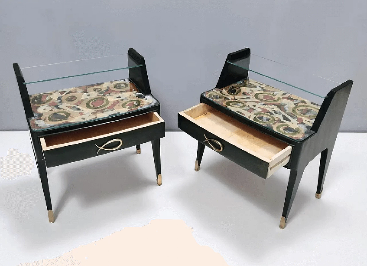 Pair of dark green stained beech bedside tables with painted tops, 1950s 8