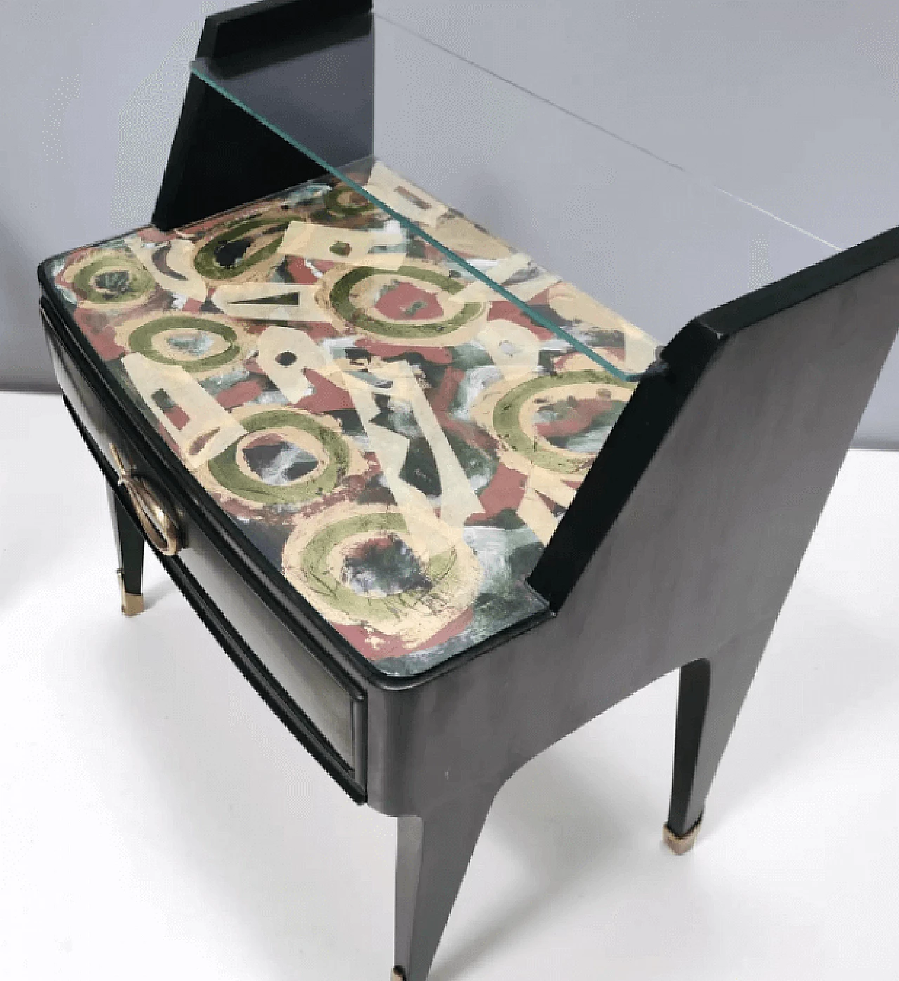 Pair of dark green stained beech bedside tables with painted tops, 1950s 9