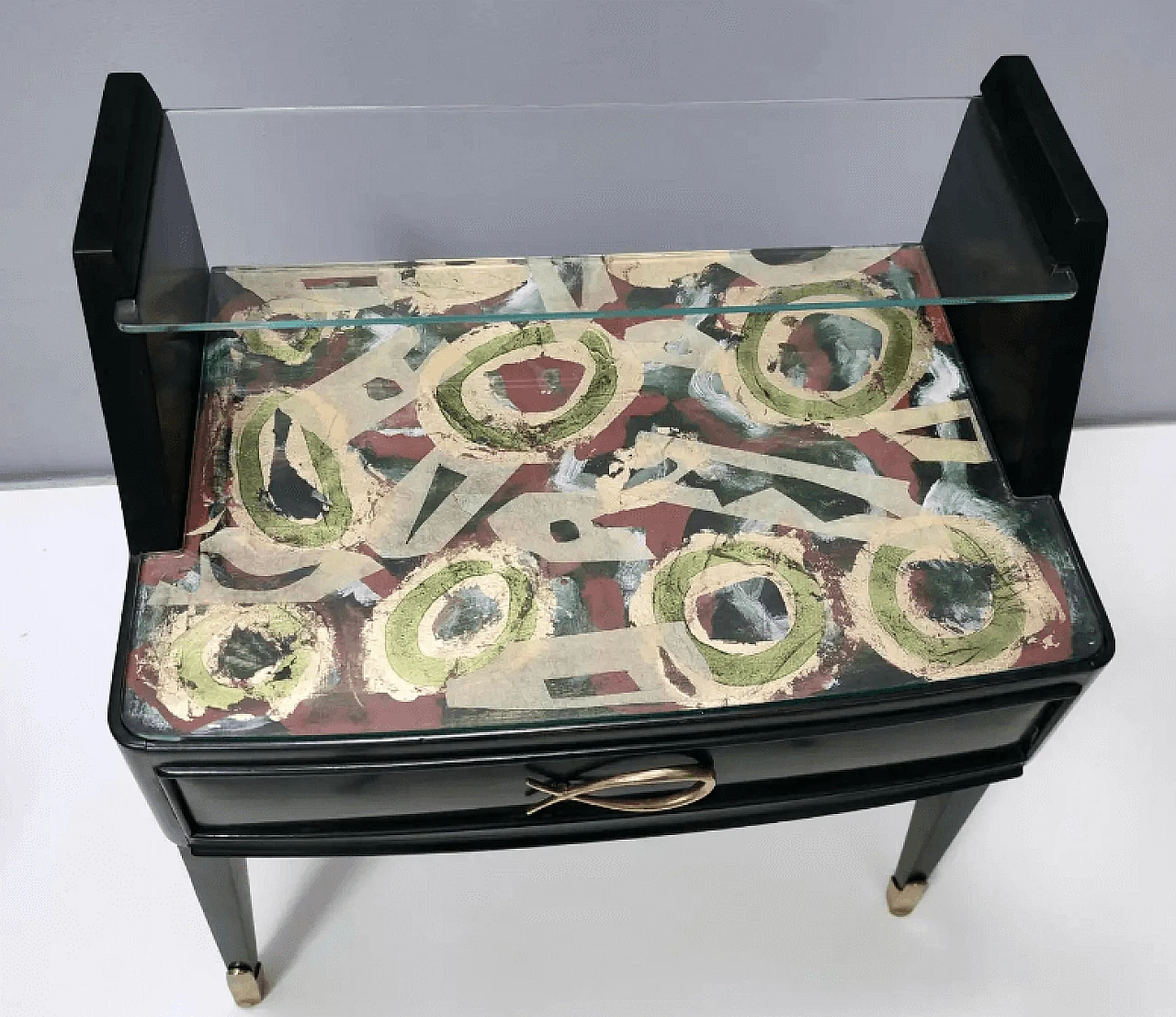 Pair of dark green stained beech bedside tables with painted tops, 1950s 10