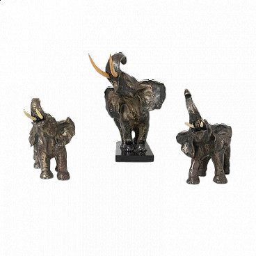 3 Statues of elephants in terracotta and silver-plated copper, 1950s