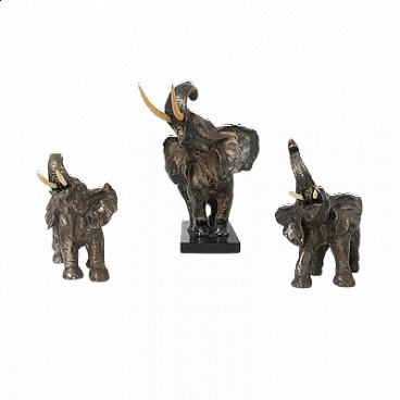 3 Statue di elefanti in terracotta e rame argentato, anni '50