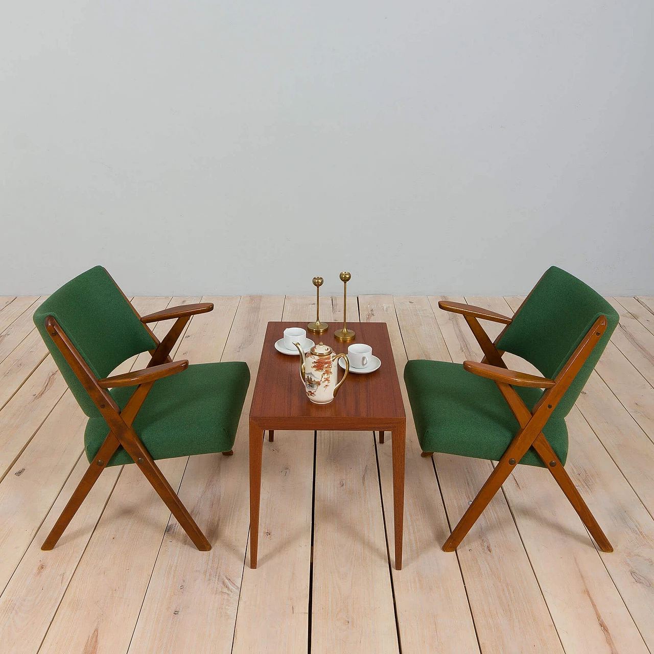 Pair of Dal Vera chairs in wood and wool, 1950s 1