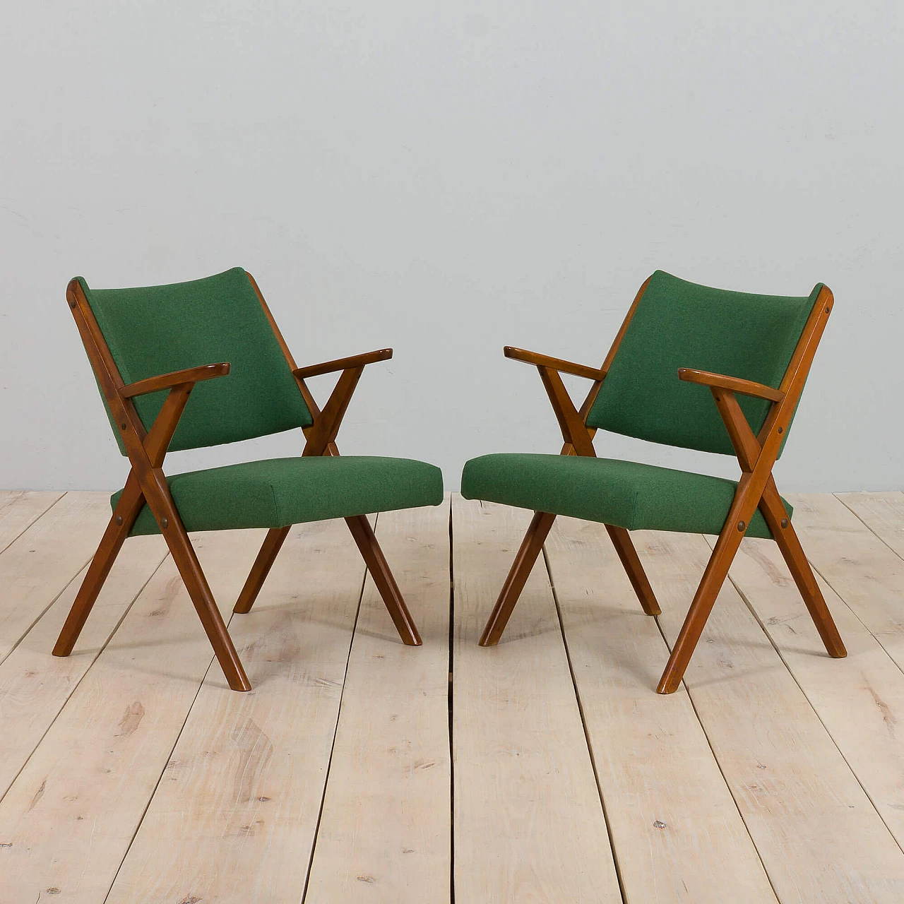 Pair of Dal Vera chairs in wood and wool, 1950s 2