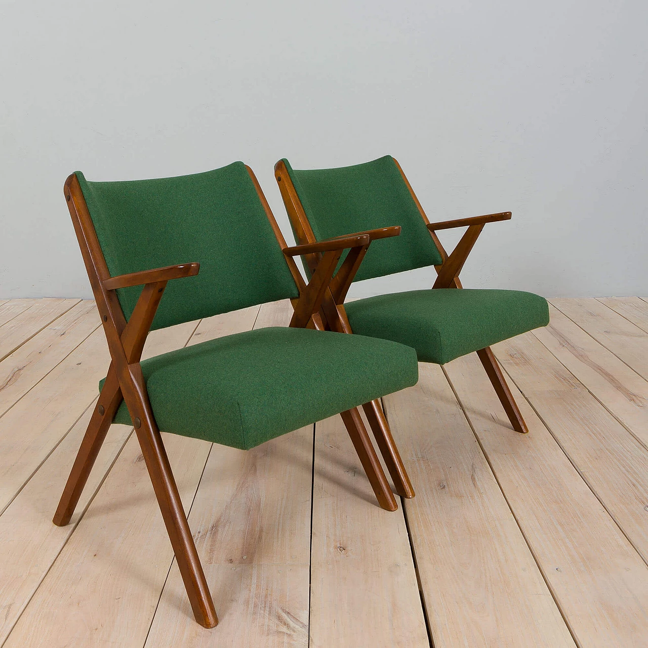 Pair of Dal Vera chairs in wood and wool, 1950s 8