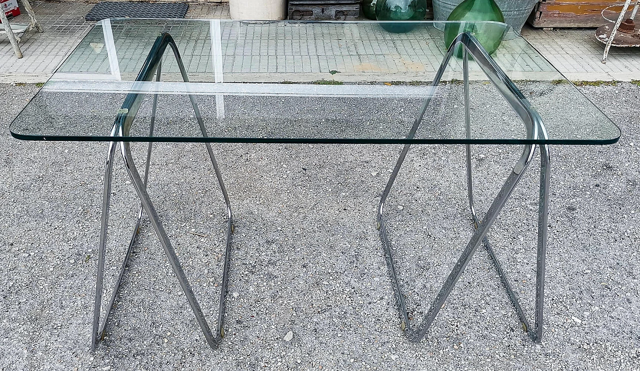 Table with crystal top and chrome trestles, 1990s 1