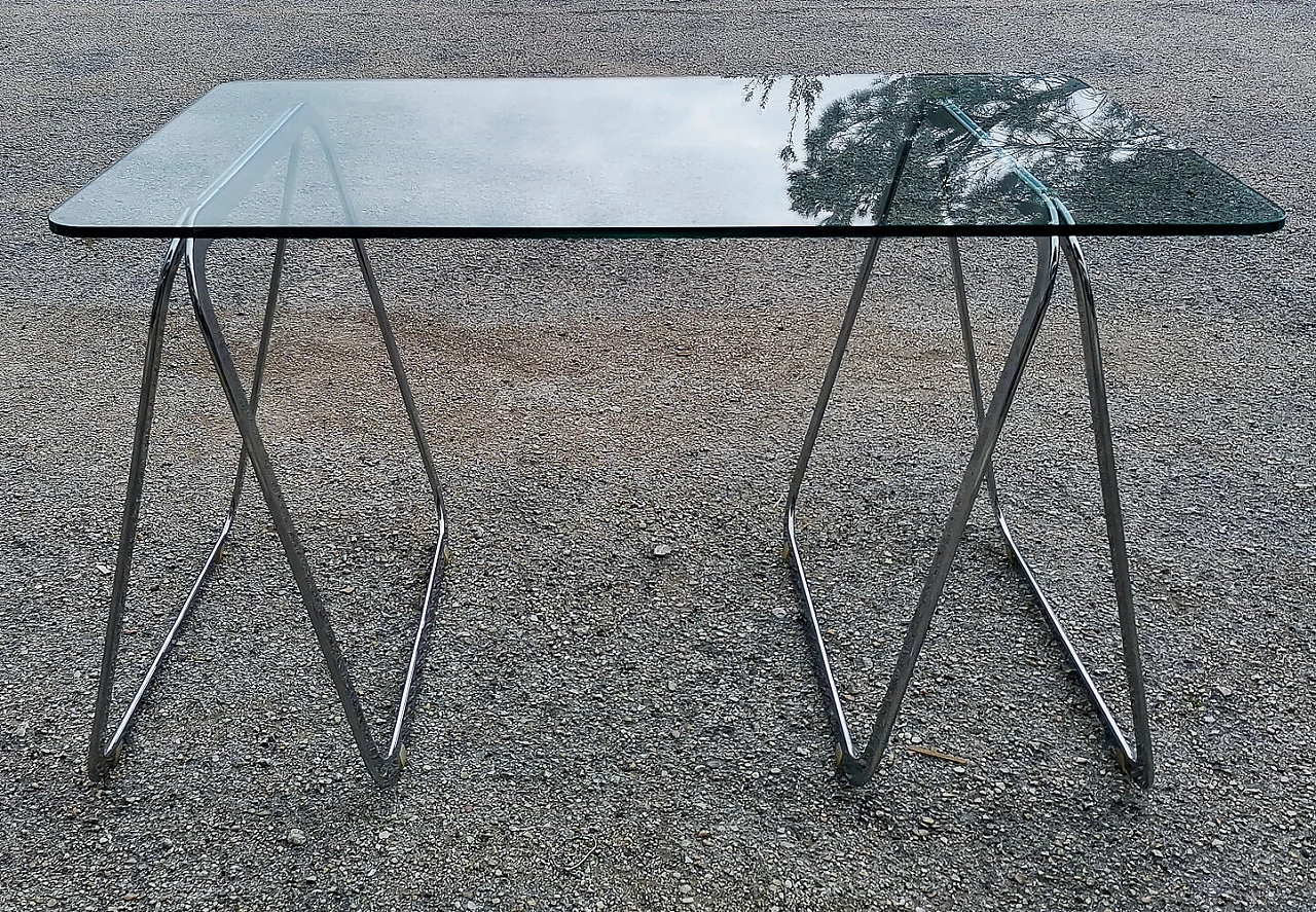 Table with crystal top and chrome trestles, 1990s 4