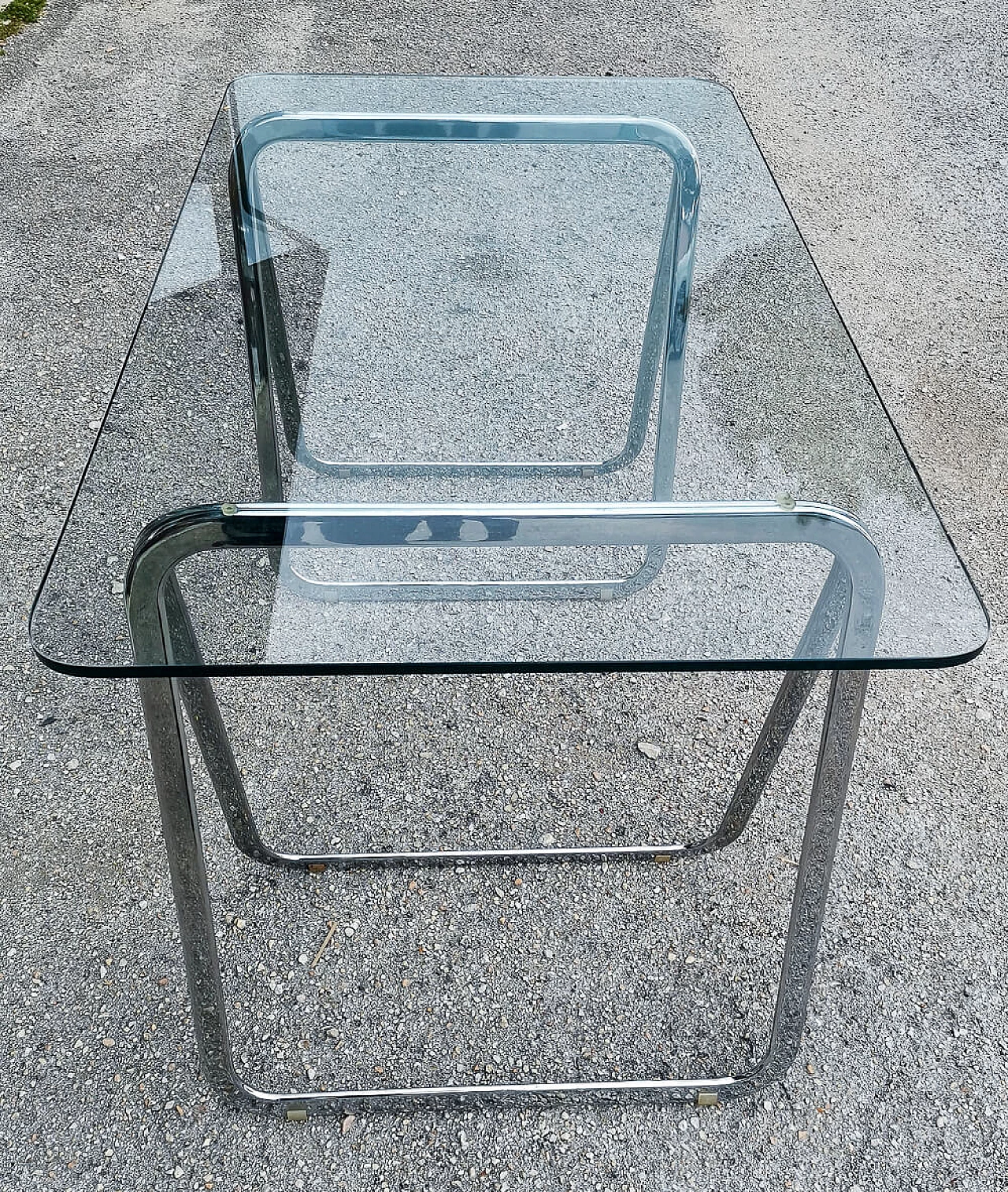 Table with crystal top and chrome trestles, 1990s 5