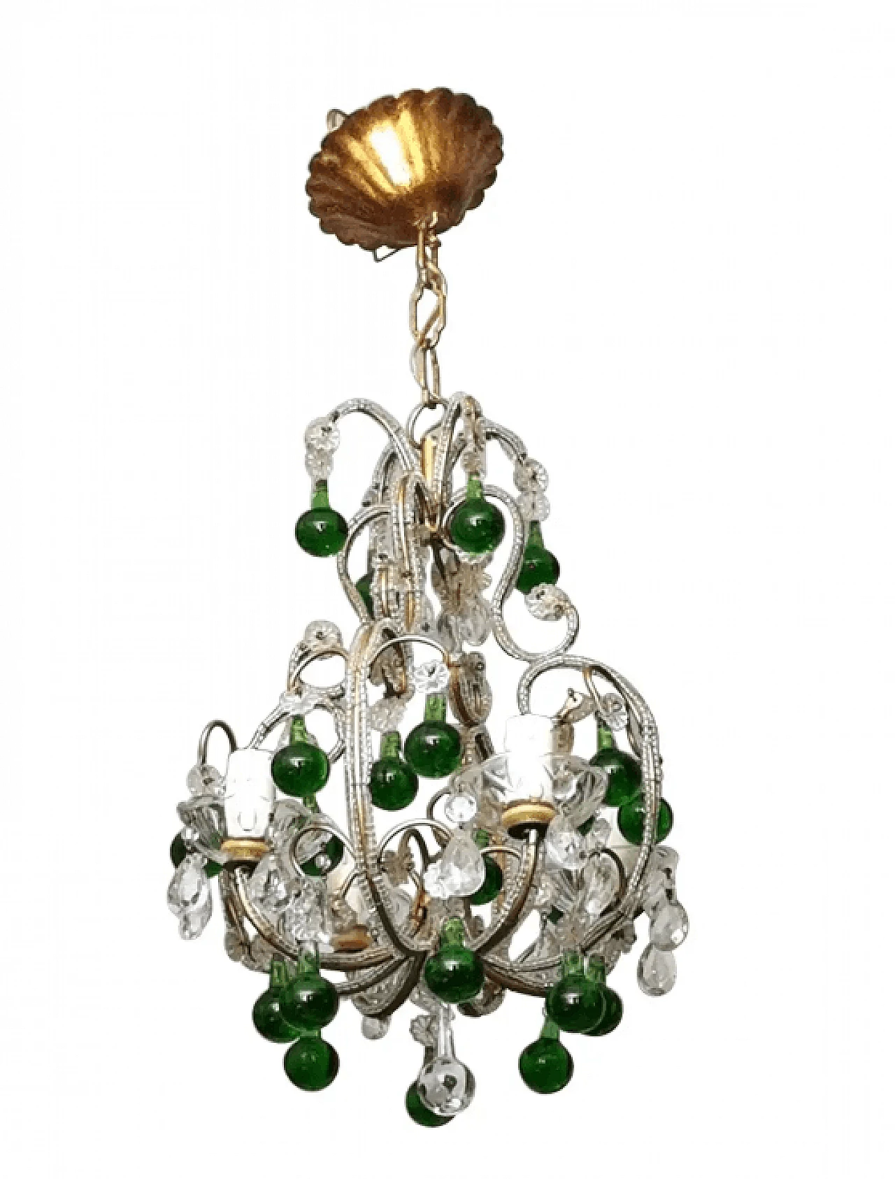 Lampadario in ottone con cristalli e vetro di manifattura fiorentina, anni '40 1