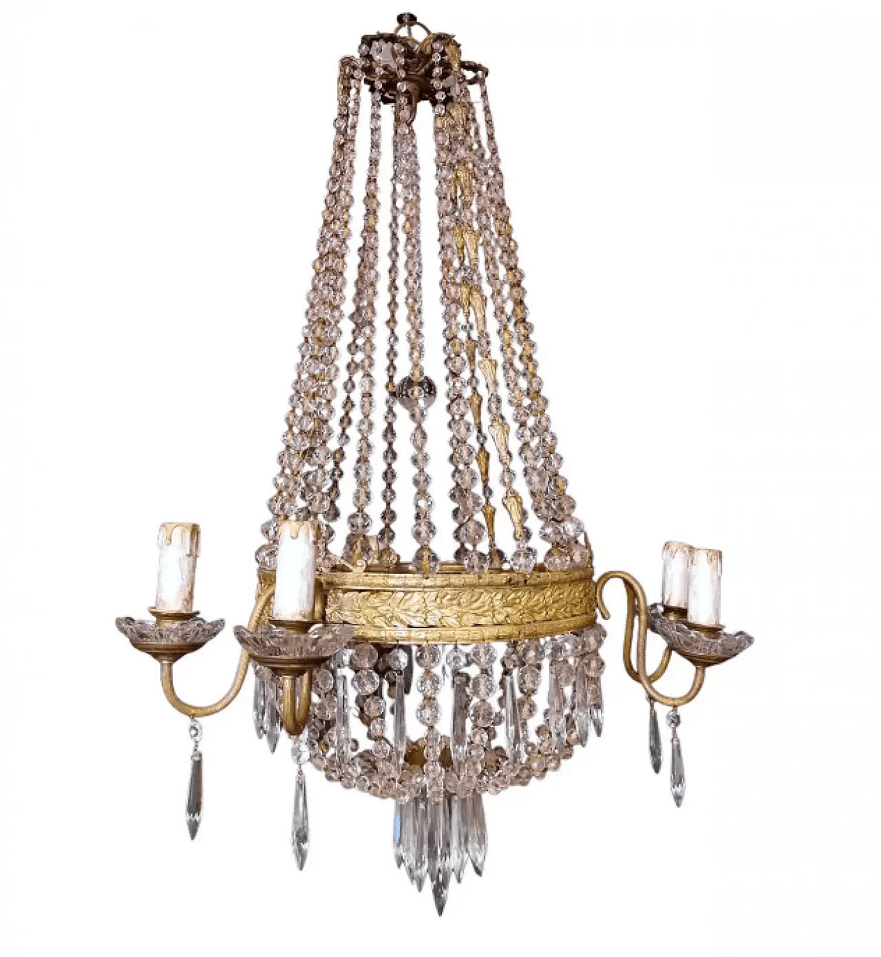 Lampadario a mongolfiera in stile Luigi XVI in cristallo al piombo e ottone dorato, '800 1