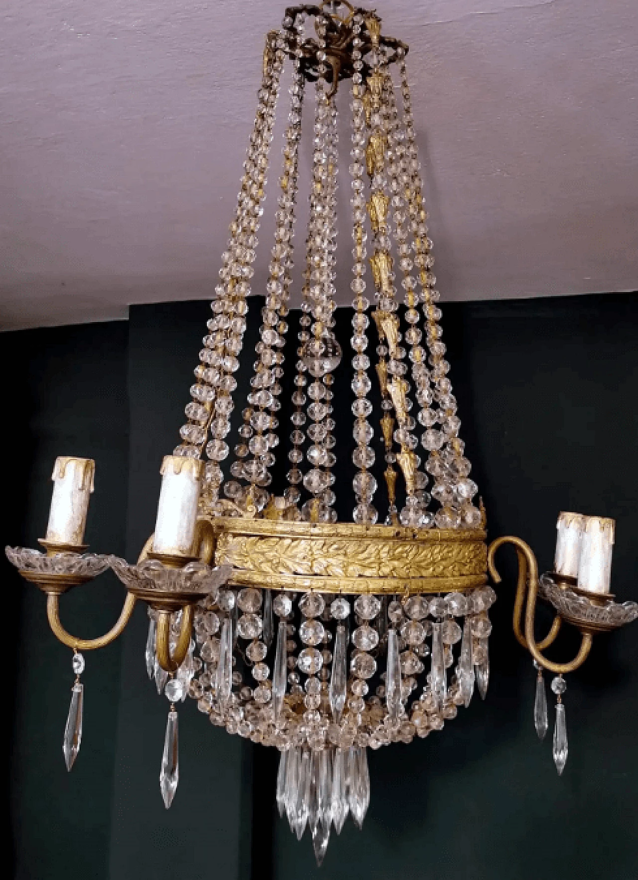 Lampadario a mongolfiera in stile Luigi XVI in cristallo al piombo e ottone dorato, '800 3