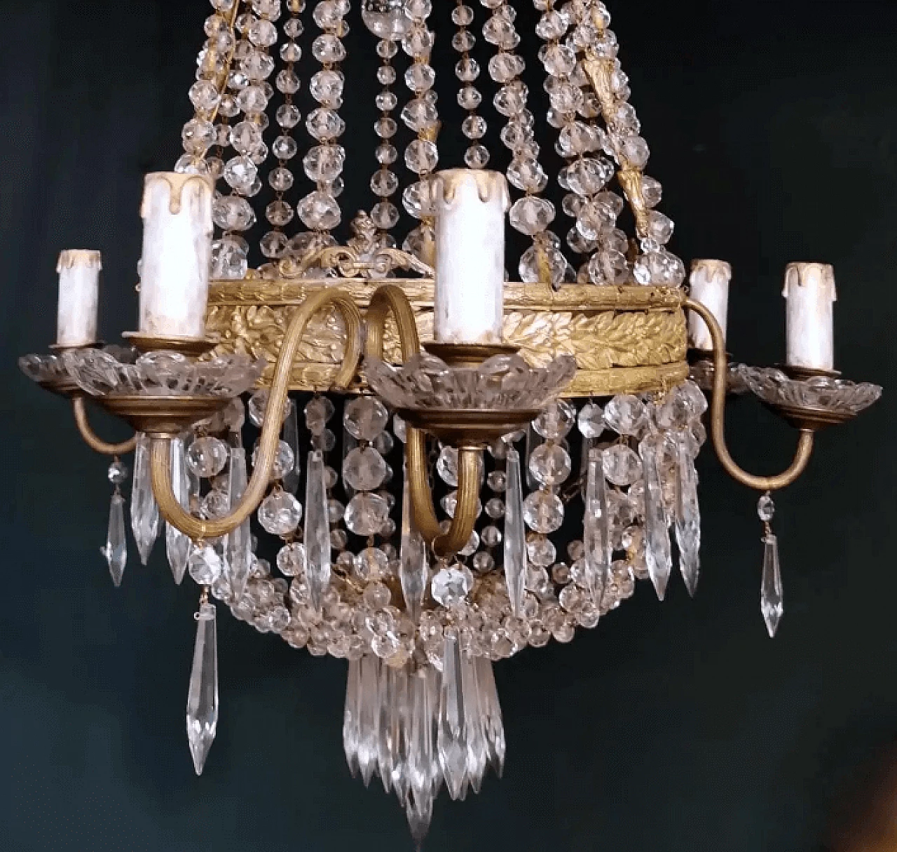 Lampadario a mongolfiera in stile Luigi XVI in cristallo al piombo e ottone dorato, '800 5