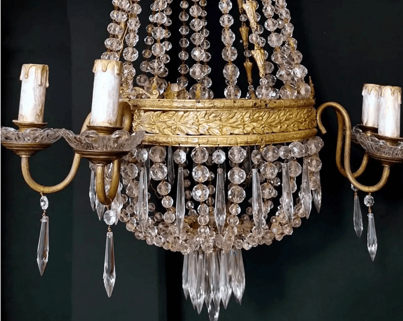 Lampadario a mongolfiera in stile Luigi XVI in cristallo al piombo e ottone dorato, '800 6