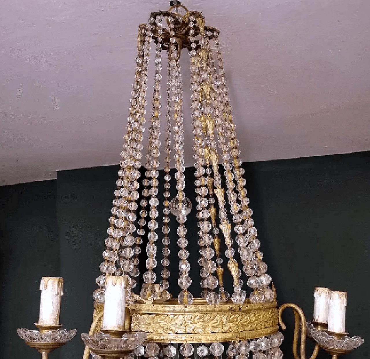 Lampadario a mongolfiera in stile Luigi XVI in cristallo al piombo e ottone dorato, '800 7