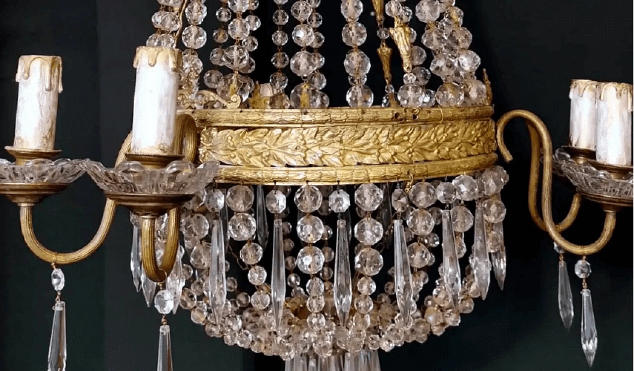 Lampadario a mongolfiera in stile Luigi XVI in cristallo al piombo e ottone dorato, '800 8