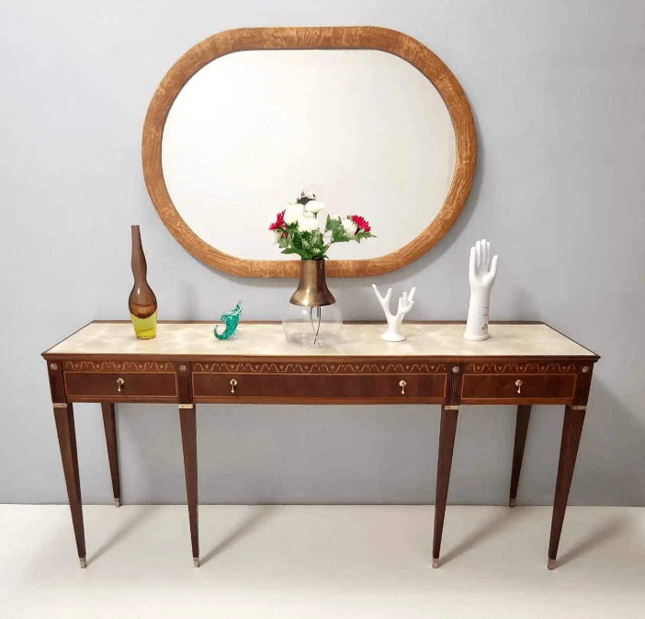 Oval wall mirror with ash frame, 1950s 2