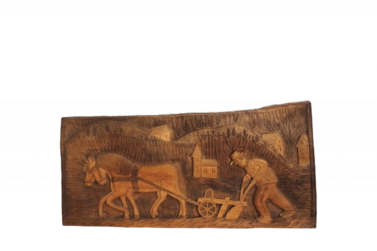 Quadro decorativo in legno di noce intagliato, anni '70 1406783