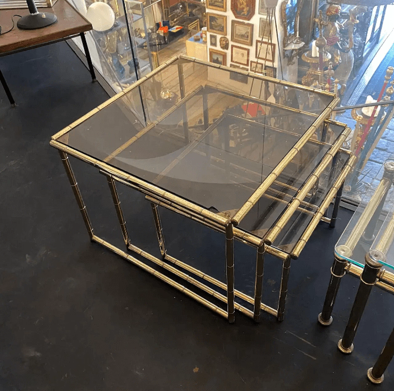 3 Brass and smoked glass side tables, 1960s 3