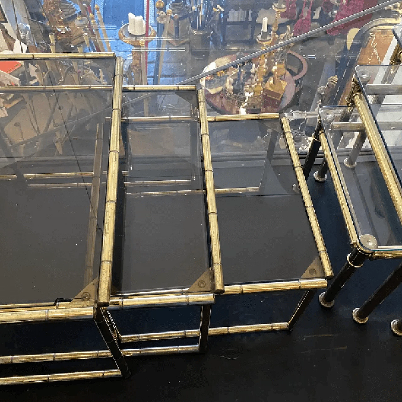 3 Brass and smoked glass side tables, 1960s 9