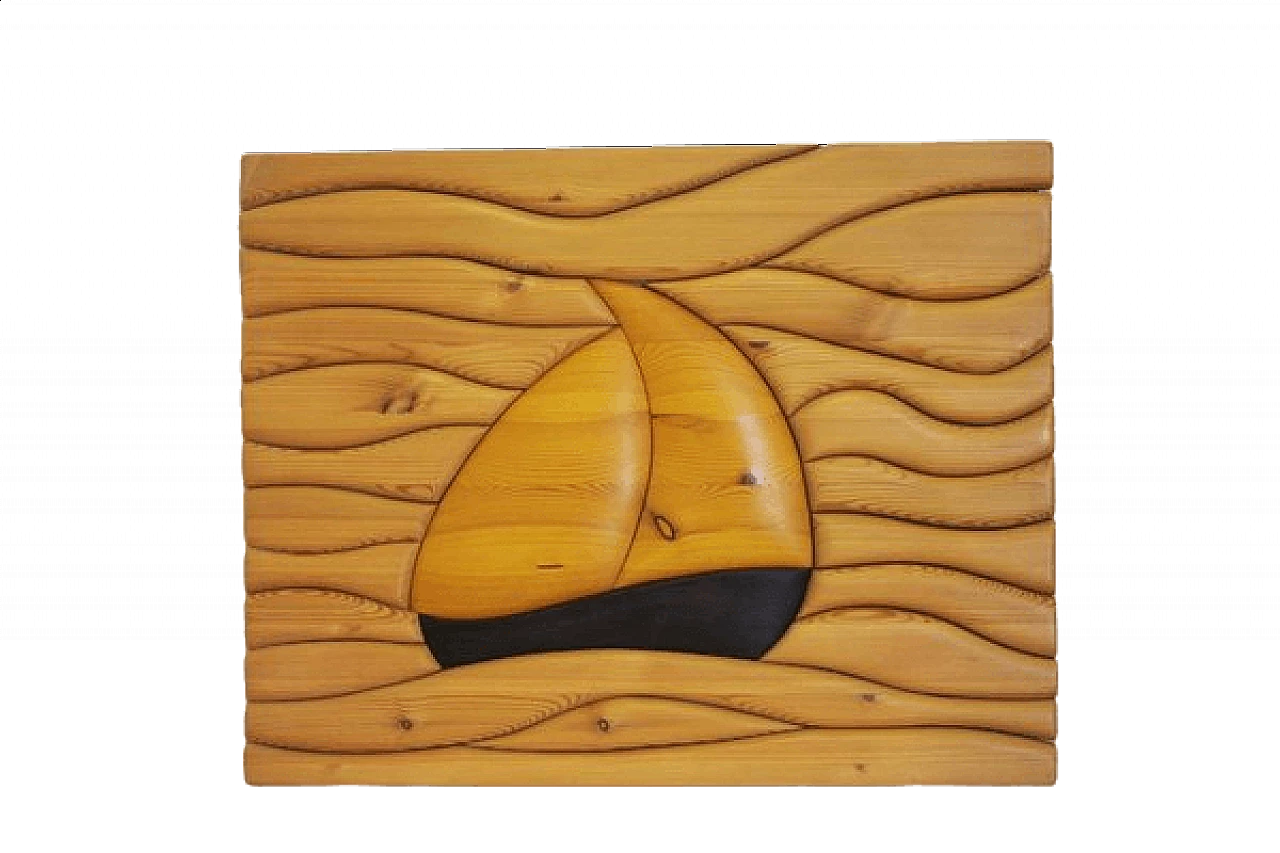 Carved pine wood painting with boat, 2000s 1406768