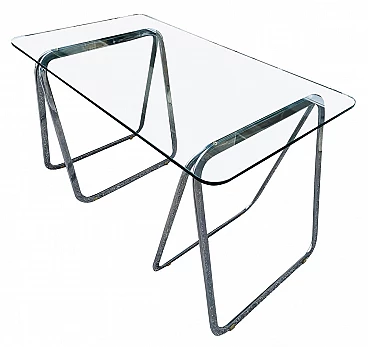 Table with crystal top and chrome trestles, 1990s